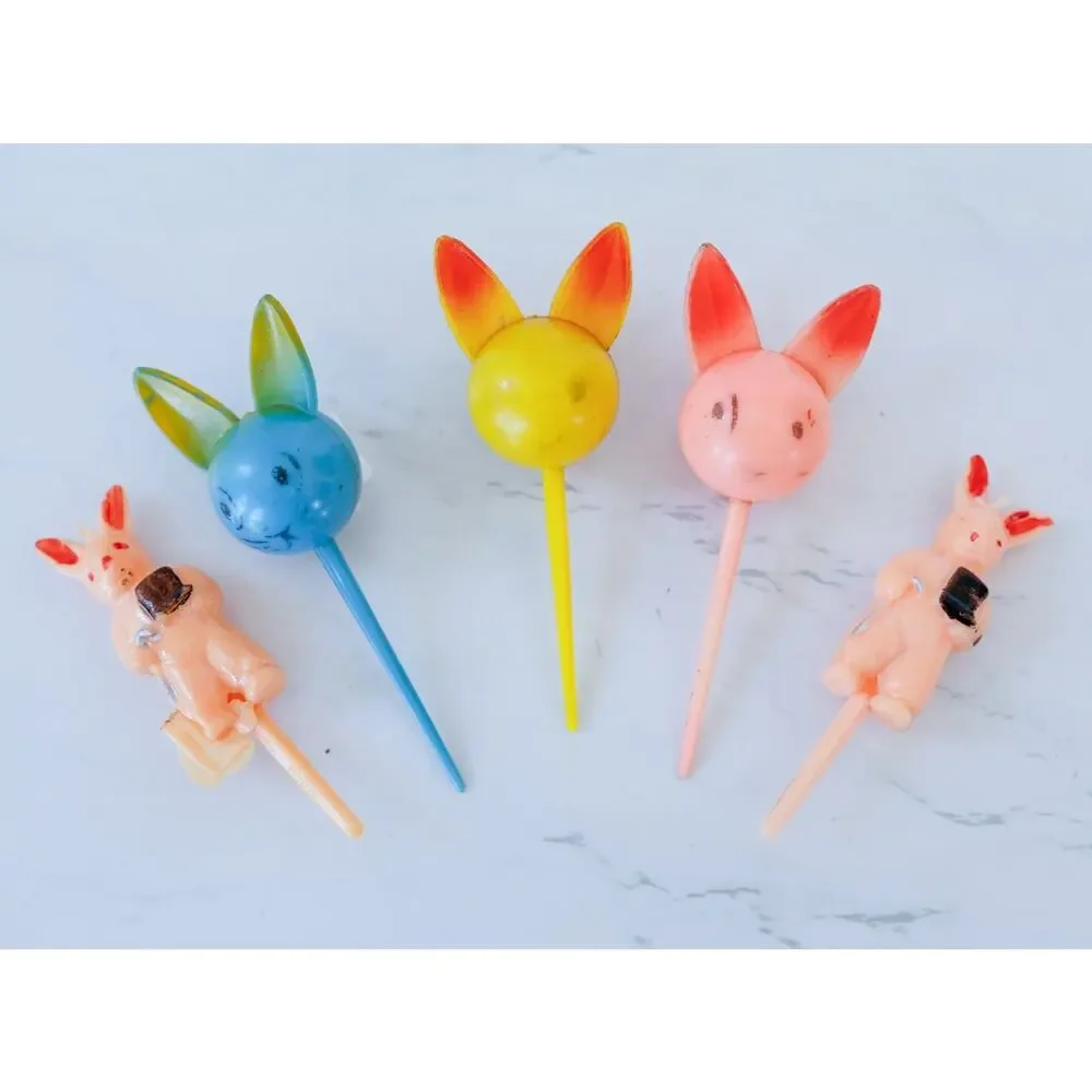 VTG Set of 13 Bunny Rabbit Cake Toppers Retro MCM Farm Cottage Tea Party Easter